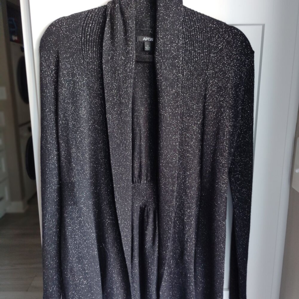 An Apt9 black open front cardigan knit with silver metallic threads